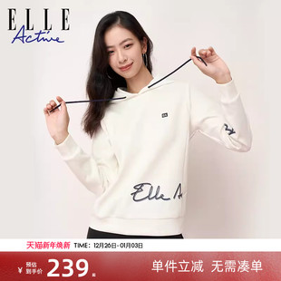 上衣 长袖 ELLE Active白色连帽卫衣女字母印花运动休闲宽松套头衫