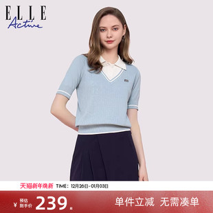 T恤女蓝 透气螺纹假两件翻领上衣短袖 ELLE Active气质老钱风针织衫