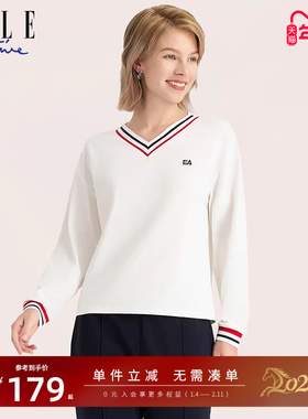 ELLE Active2023秋冬新款简约百搭V领撞色长袖T恤运动休闲上衣女