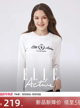 ELLE Active淡人穿搭简约白色t恤长袖衫秋新款质感刺绣圆领上衣女