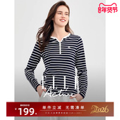 Active简约休闲打底衫 时尚 设计Y型领条纹长袖 ELLE t恤女上衣修身