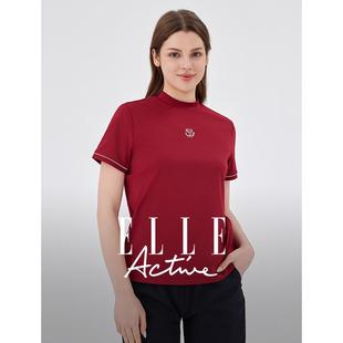 短袖 Active防晒速干修身 ELLE t恤女半高领运动上衣红色 UPF50