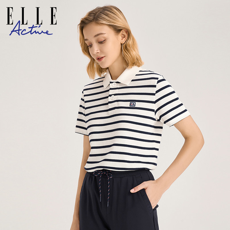 ELLE Active法式休闲条纹polo衫女宽松t恤短袖上衣棉,女装/女士精品,POLO衫,淘宝优惠券,粉丝福利购,淘宝优惠卷