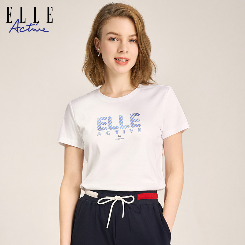 ELLE Active2026春夏新款烫钻白色t恤女时尚运动字母短袖上衣休闲
