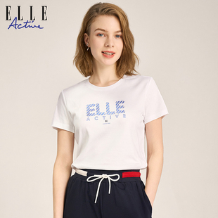 运动字母短袖 烫钻白色t恤女时尚 上衣休闲 Active2026春夏新款 ELLE