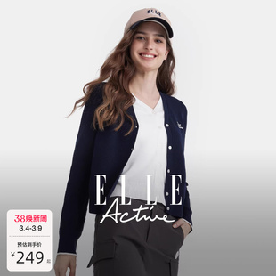 ELLE Active松驰户外撞色V领针织开衫外套学院风假两件毛织上衣女