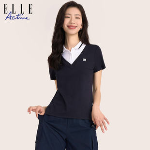设计感短袖 ELLE 新款 上衣女2026春夏季 t恤 Active假两件拼接polo衫
