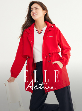 ELLE Active本命年红色连帽风衣外套女中长款高级纯色防风大衣