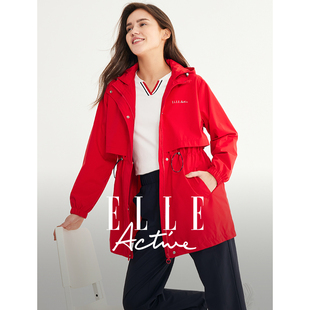 ELLE Active本命年红色连帽风衣外套女中长款高级纯色防风大衣