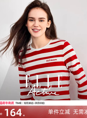 ELLE Active红色条纹长袖t恤女纯棉打底衫春秋内搭上衣可外穿时尚