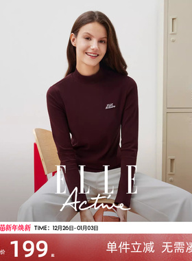 ELLE Active户外运动风休闲长袖t恤女半高领红色上衣修身显瘦内搭