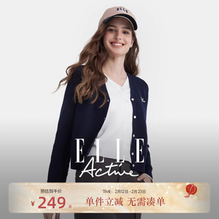 ELLE Active松驰户外撞色V领针织开衫外套学院风假两件毛织上衣女
