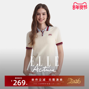 ELLE Active学院风翻领针织短袖女春夏时尚POLO衫高级撞色T恤上衣