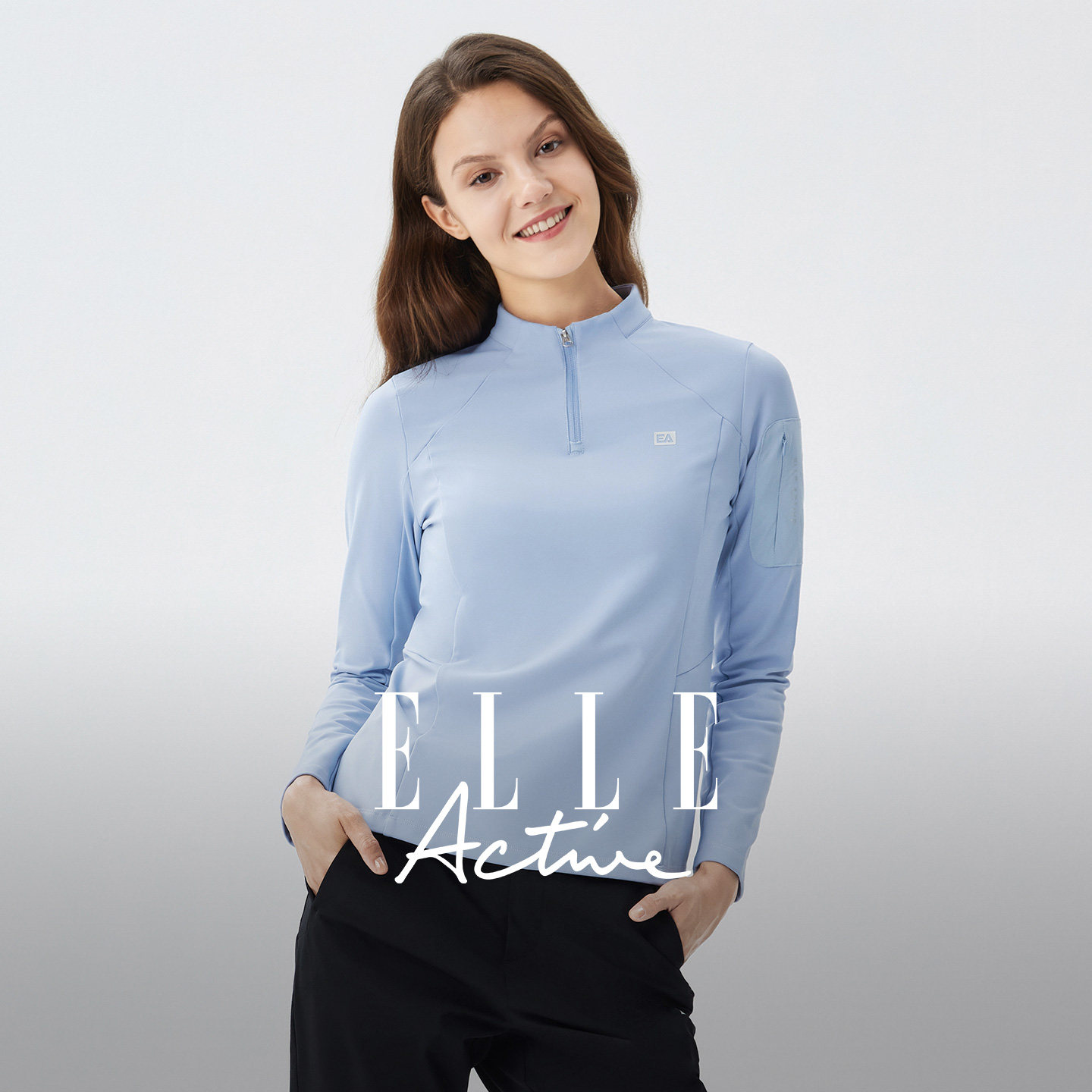 ELLE Active户外穿搭长袖t恤女秋冬季加绒保暖运动半拉链立领上衣