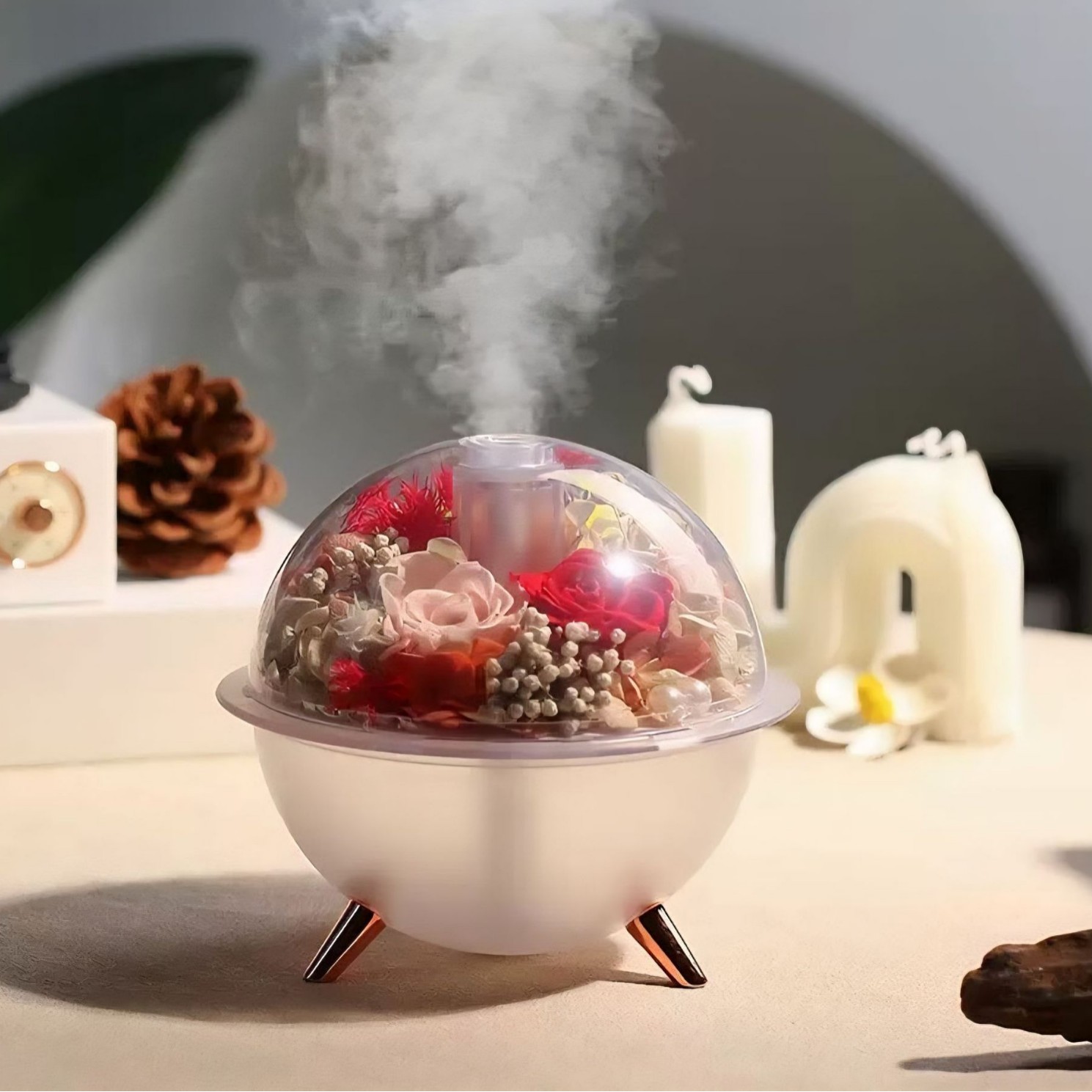 新品永生花加湿器氛围灯补水仪微景观加湿器 创意插花DIY节日礼品