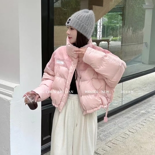 拼接牛仔立领羽绒服外套女欧洲站2024冬季新款时尚白鸭绒保暖上衣