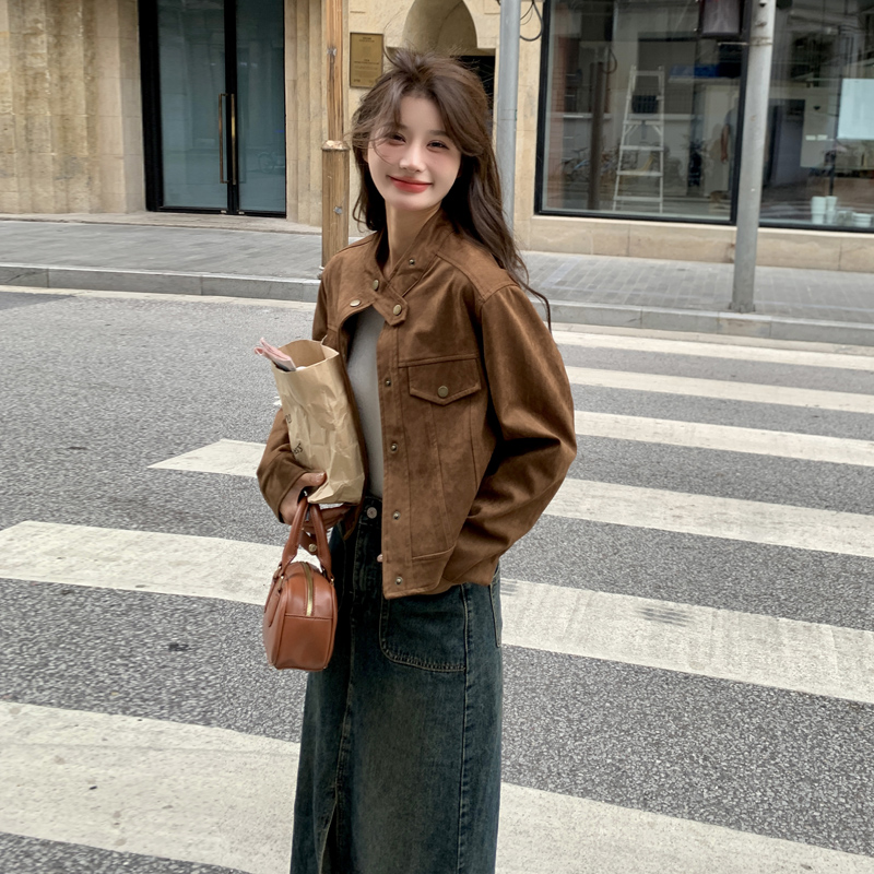 短款麂皮绒外套女春秋新款2024爆款洋气流行小个子高级感夹克上衣