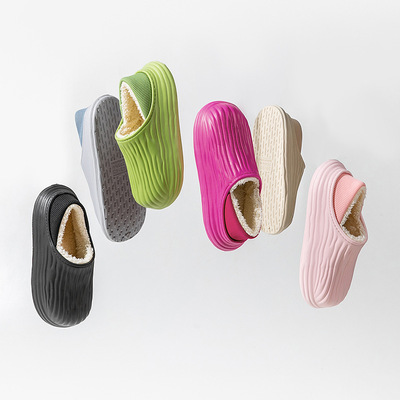 新款苦瓜条纹棉拖鞋防水耐脏家居棉鞋女厚底加绒冬季保暖棉鞋外穿