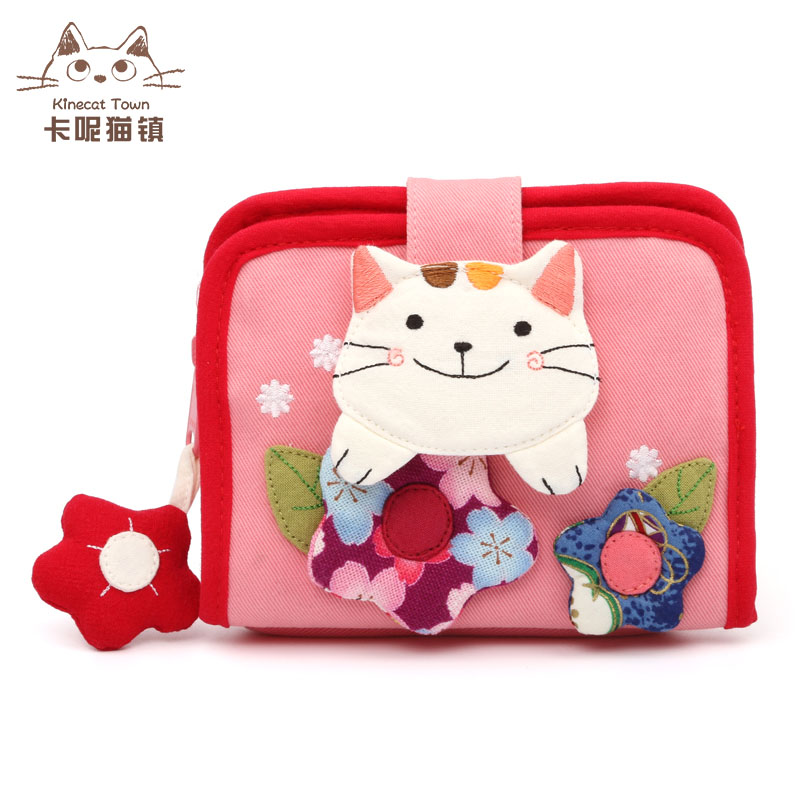 kine猫可爱花朵猫咪学生零钱包日系卡通棉布短款钱包卡包女士