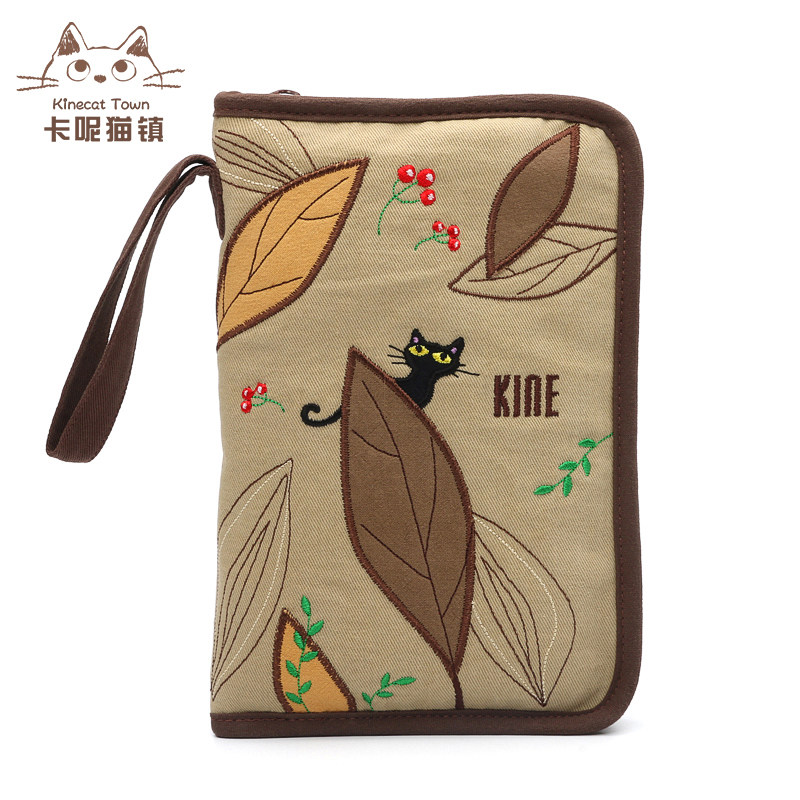 kine猫纯棉布树叶猫日韩女士手机包卡通护照卡包证件收纳随身包