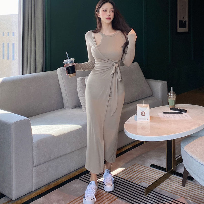 韩国东大门女装修身显身材~设计感挖空领口侧绑带收腰长袖连衣裙