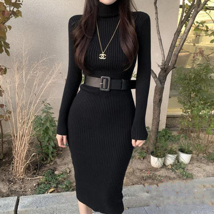 秋冬女装新款韩版配腰带中长款过膝针织裙外穿修身收腰包臀连衣裙