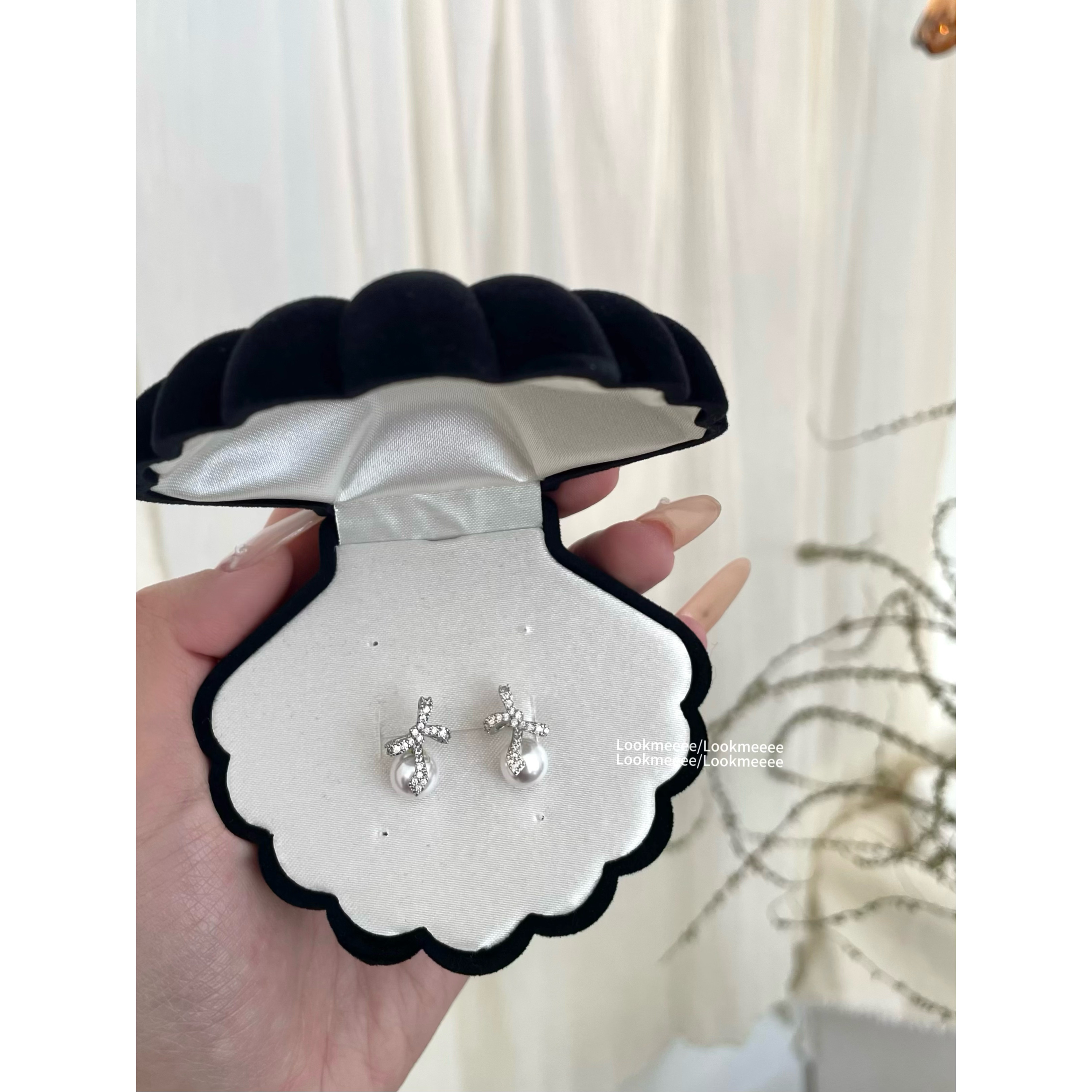 满钻珍珠蝴蝶结s925银针耳钉