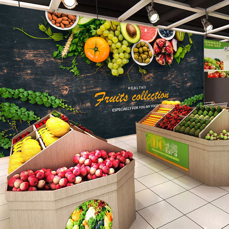 3D立体水果店壁纸个性蔬果超市墙纸简约轻食沙拉果茶店背景墙布