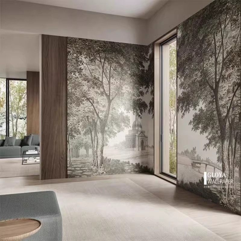 意大利原装进口订制壁画法式复古建筑树木背景墙壁纸卧室床头壁布