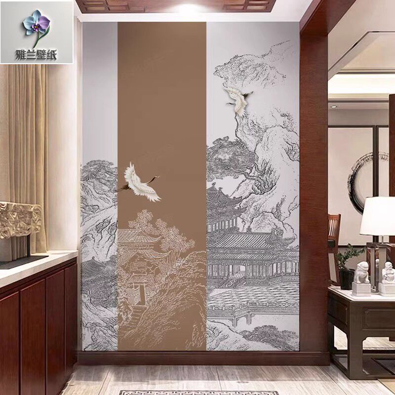 5d立体墙纸中式楼阁墙纸线条楼宇玄关背景墙壁纸客厅壁画卧室墙布
