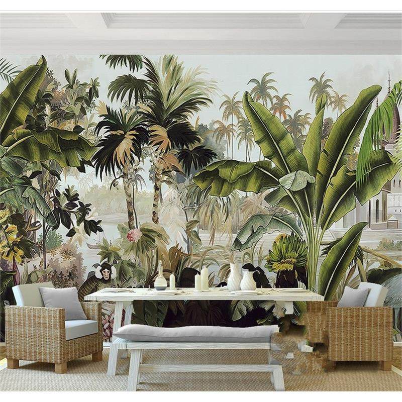 热带雨林植物餐厅壁画椰树动物中世纪背景墙纸东南亚超长壁纸墙布,家装主材,定制壁画,淘宝优惠券,粉丝福利购,淘宝优惠卷