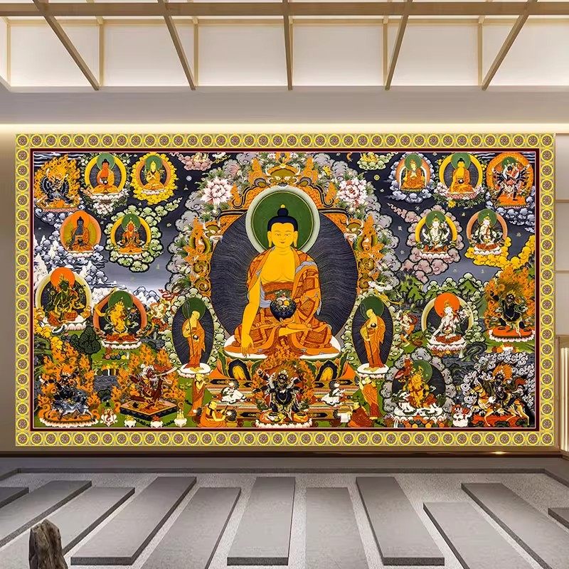 藏传唐卡壁画佛堂背景墙壁纸释迦牟尼佛十相壁布寺庙佛堂客厅墙布,家装主材,定制壁画,淘宝优惠券,粉丝福利购,淘宝优惠卷