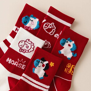 马年本命年红袜子女秋冬红色中筒袜2026属马男喜庆新年可爱长袜潮