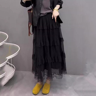 0317r 流行气质百搭中长款 黑色蕾丝花边半身裙女2026春夏新款 时尚