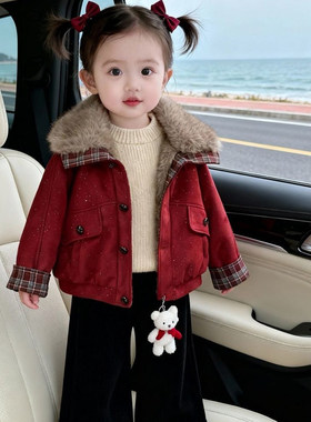 女童秋冬加绒外套新款红色喜庆亮闪闪派克服洋气翻领公主风保暖潮