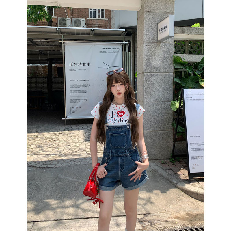 美式复古牛仔背带裤女夏季小个子设计感减龄百搭高腰宽松显瘦短裤