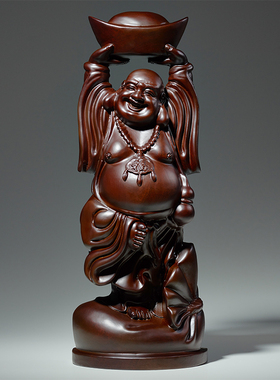 实木雕刻笑纳八方财弥勒佛摆件客厅乔迁新居家居装饰笑佛大肚佛像