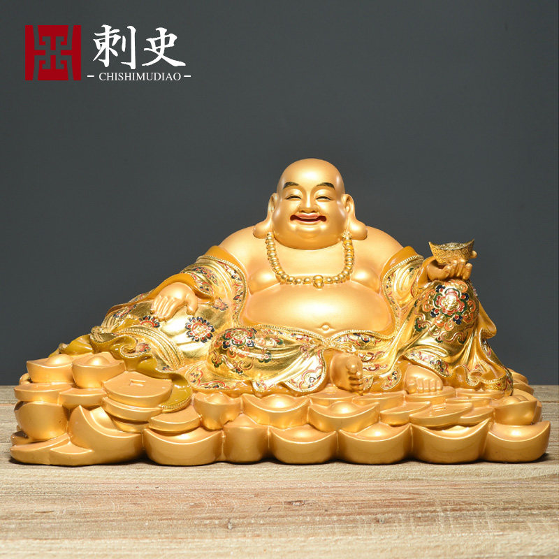 香樟木雕弥勒佛像摆件大号客厅彩绘佛像镀金笑口常开红木质工艺品