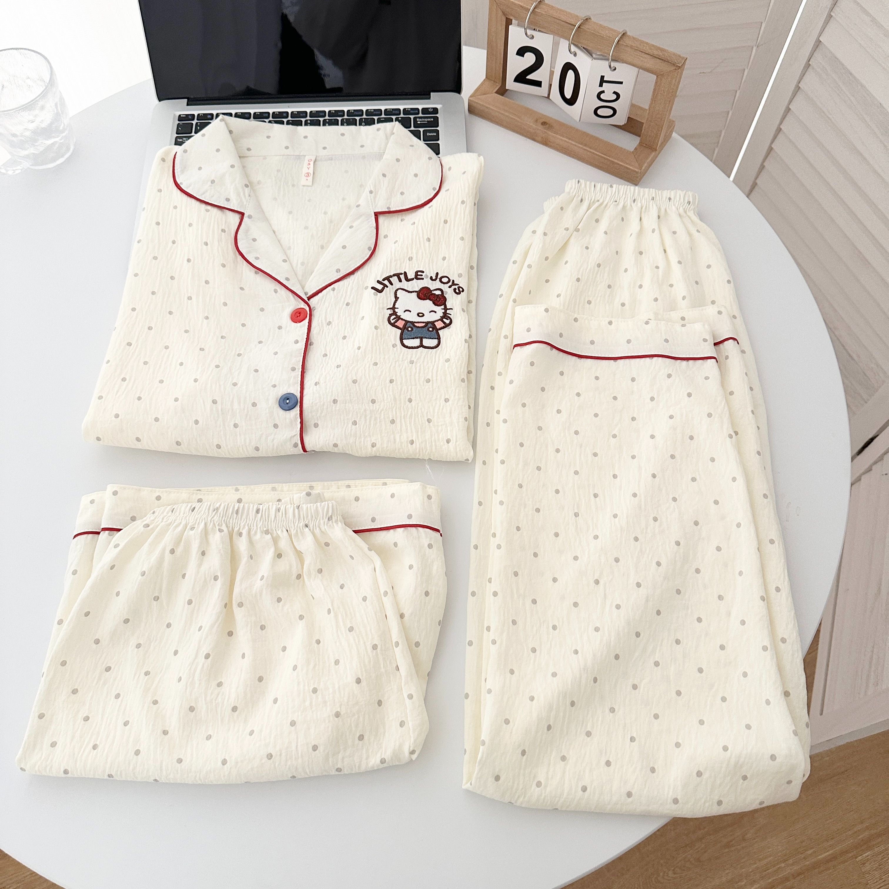圆点刺绣KT猫三件套装睡衣女款睡衣/家居服套装