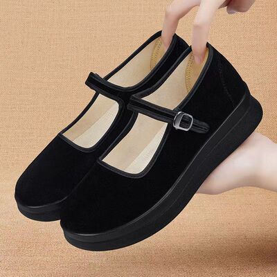新款单鞋女鞋黑色工装鞋松糕底老北京布鞋久站不累软底特大码4243