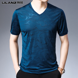 利郎100%桑蚕丝夏季短袖T恤男士中青年时尚V领暗花冰丝潮流男装薄