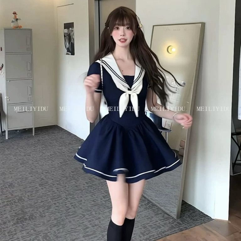 大码胖mm学院风撞色连衣裙图片