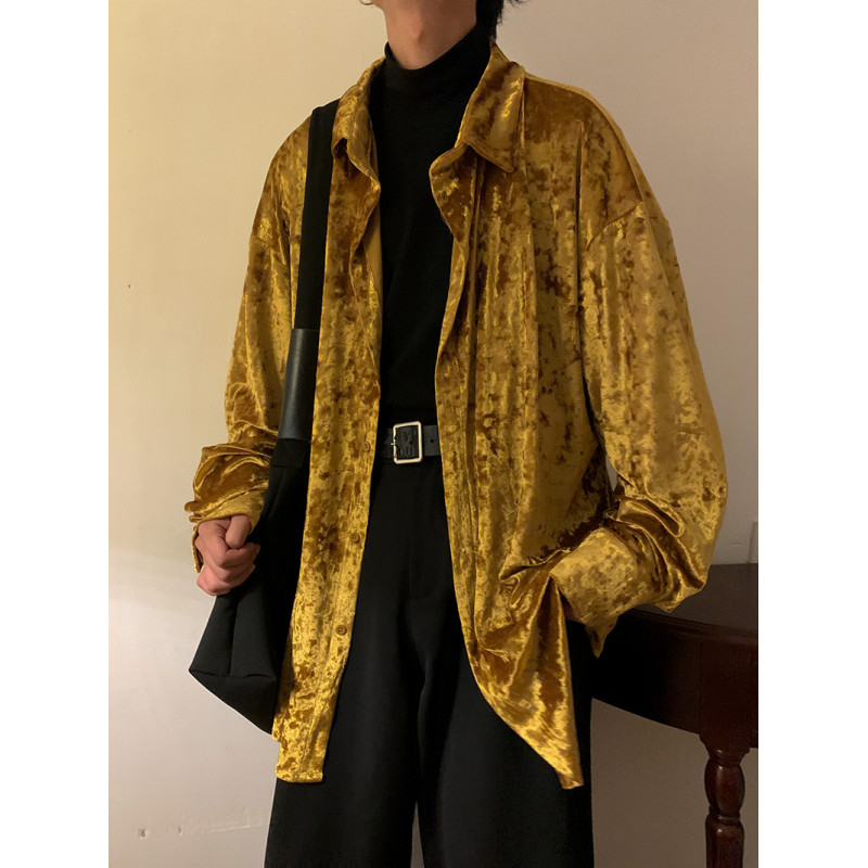 벨벳 셔츠 하이엔드 레이지 스타일 가디건 탑 빈티지 봄 가을 커플 코트 남성용 틈새 드레이프 셔츠