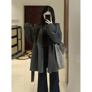 灰色短款双面羊绒毛呢子大衣外套女2025年秋冬季新款高级感小个子