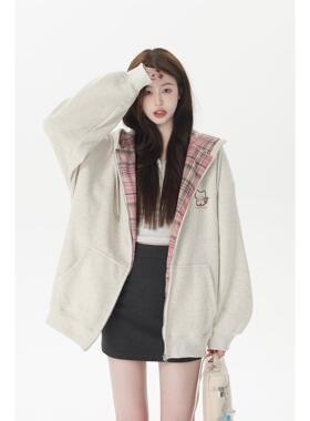 RTYHY 花灰色连帽加绒卫衣外套女春秋款撞色格纹拉炼 炼 帽衫开