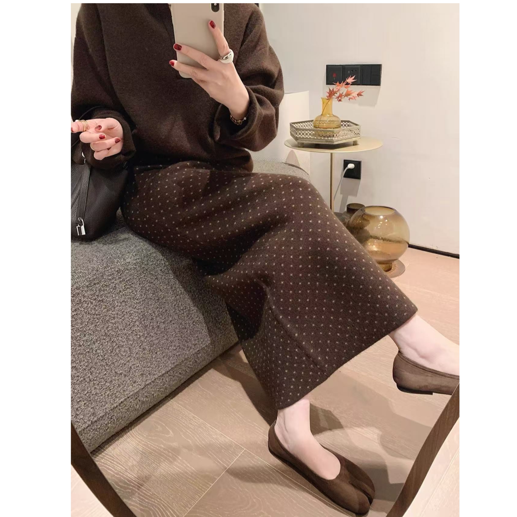 醋酸羊毛显瘦波点半身裙高腰A字气质百搭中长裙子秋冬图片
