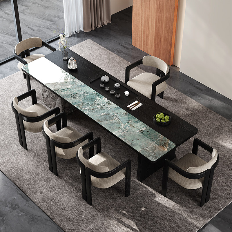 意式极简艺术实木双拼岩板轻奢现代黑色高级感泡茶岛台茶桌椅组合