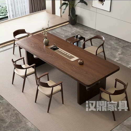 新中式实木茶桌轻奢简约阳台家用原木大板茶台办公室会客泡茶桌椅