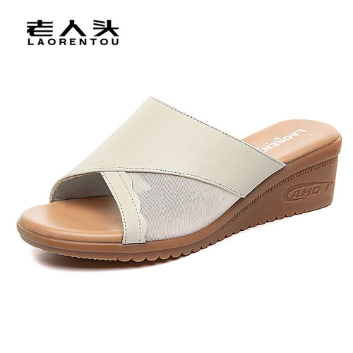 头层牛皮厚底坡跟一字拖女鞋子