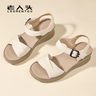 头层羊皮坡跟厚底凉鞋女